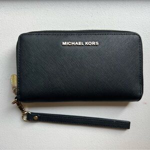 Michael Kors Leather Zip Around Wristlet Wallet in Black